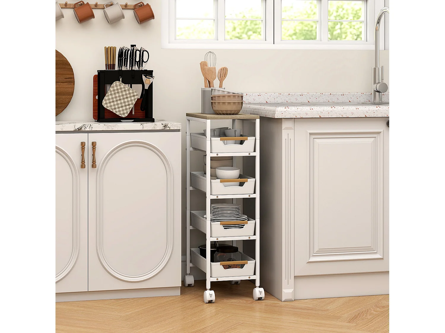 Slim 5 Tier White Metal Storage Trolley with Oak Effect Top and Wheels