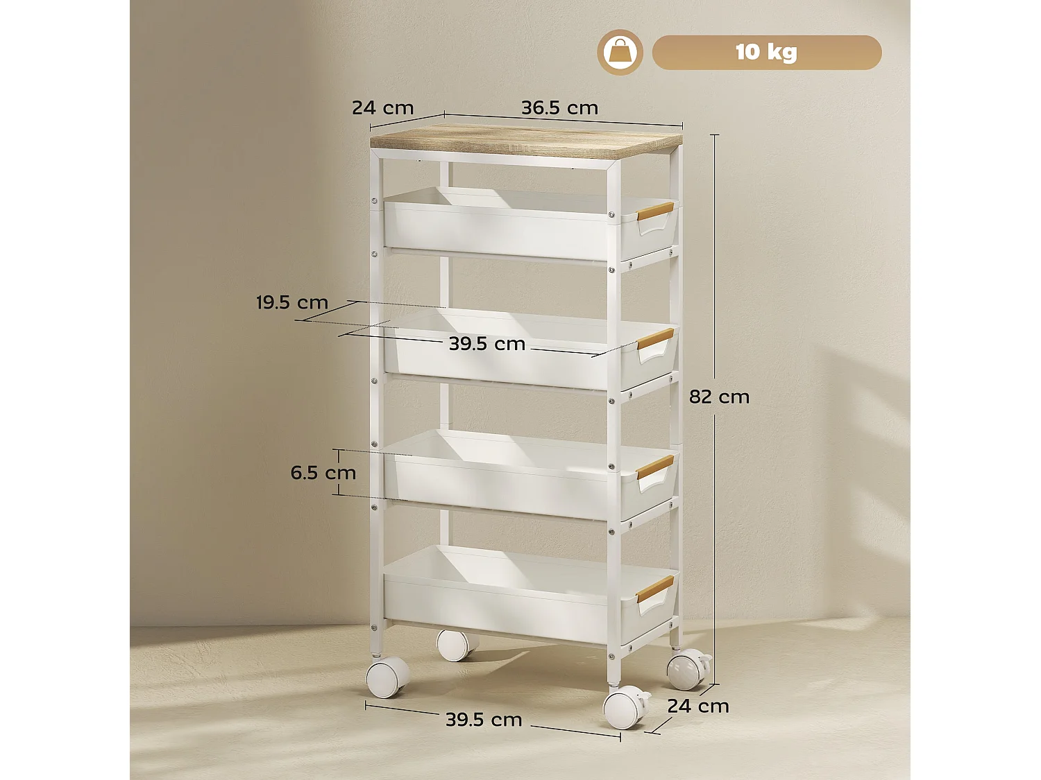 Slim 5 Tier White Metal Storage Trolley with Oak Effect Top and Wheels