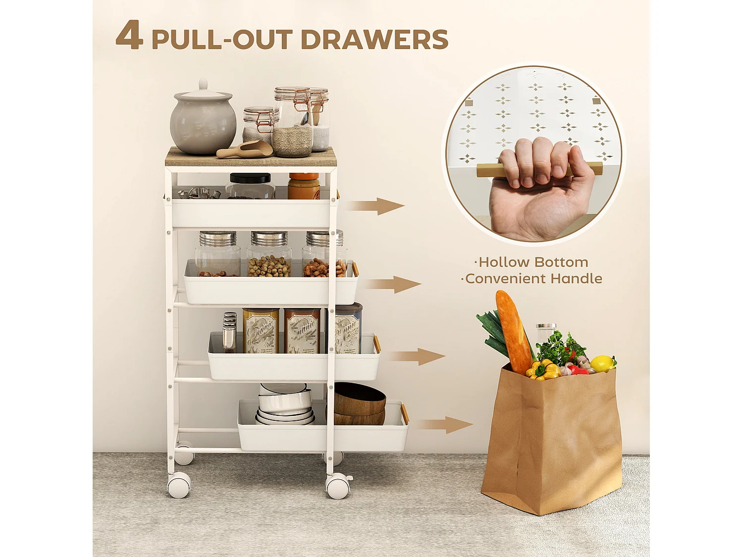 Slim 5 Tier White Metal Storage Trolley with Oak Effect Top and Wheels