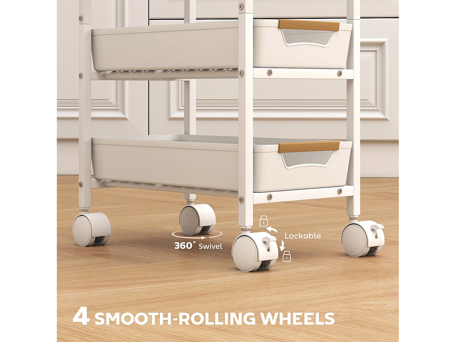 Slim 5 Tier White Metal Storage Trolley with Oak Effect Top and Wheels