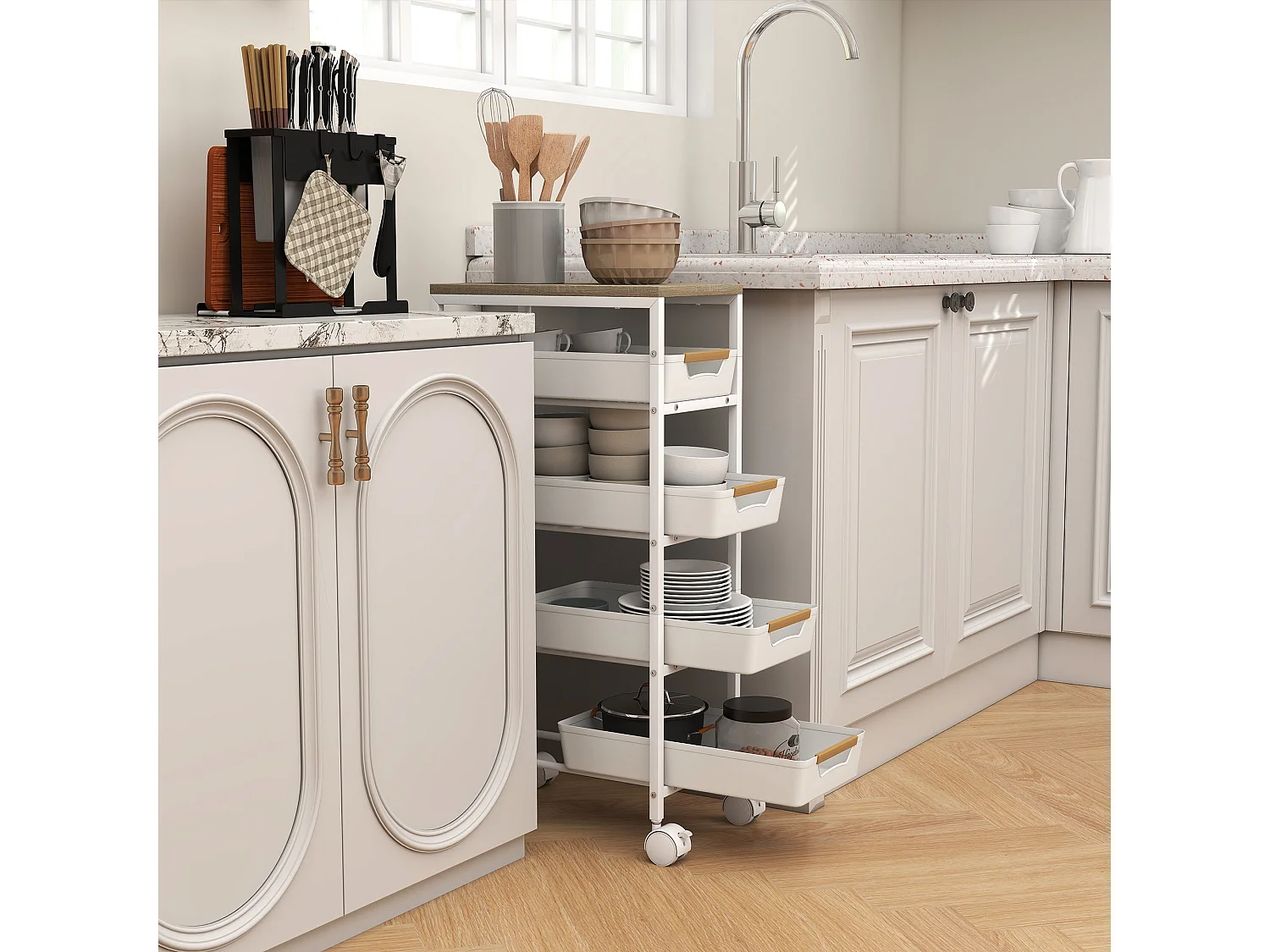 Slim 5 Tier White Metal Storage Trolley with Oak Effect Top and Wheels