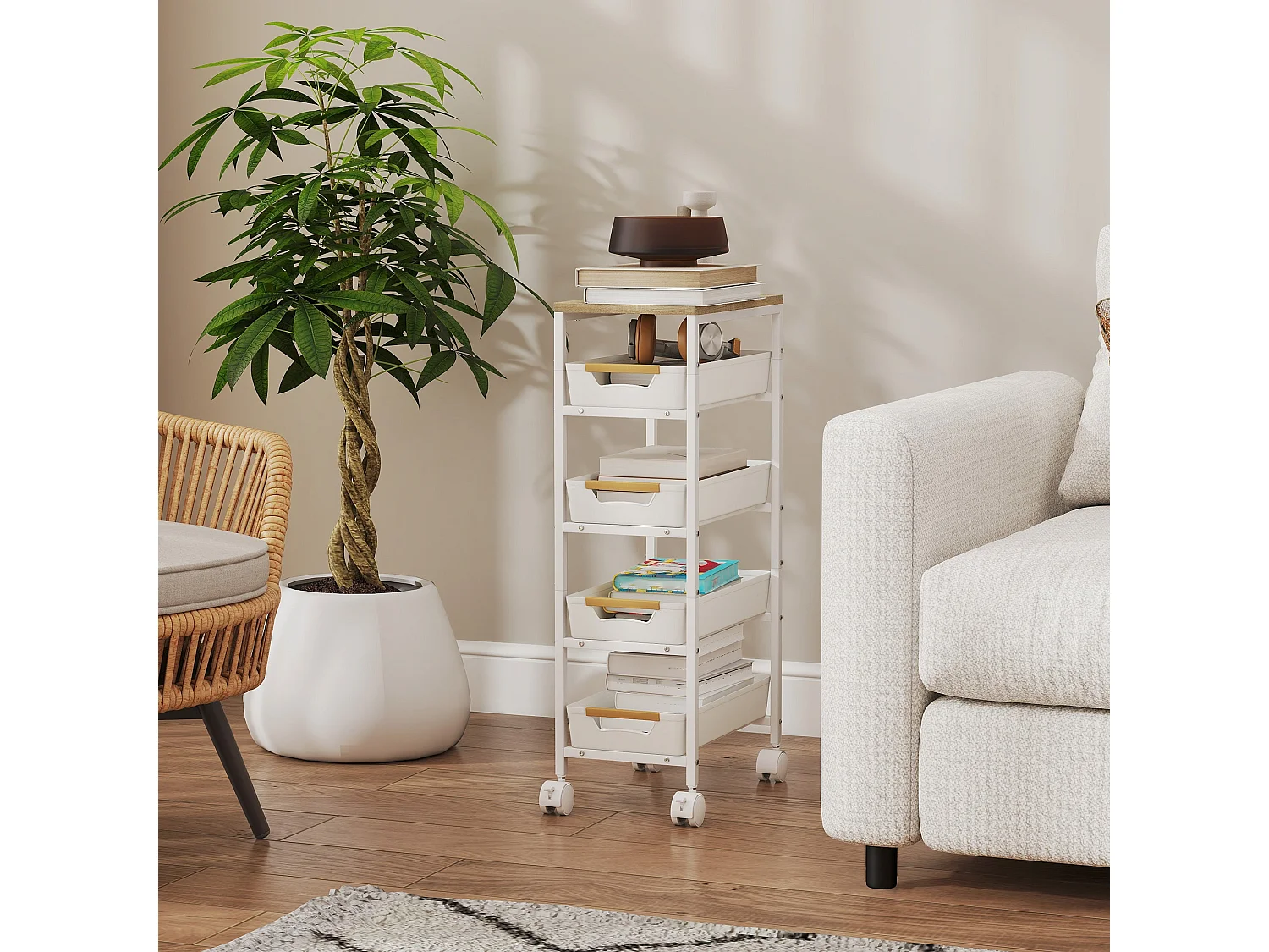 Slim 5 Tier White Metal Storage Trolley with Oak Effect Top and Wheels