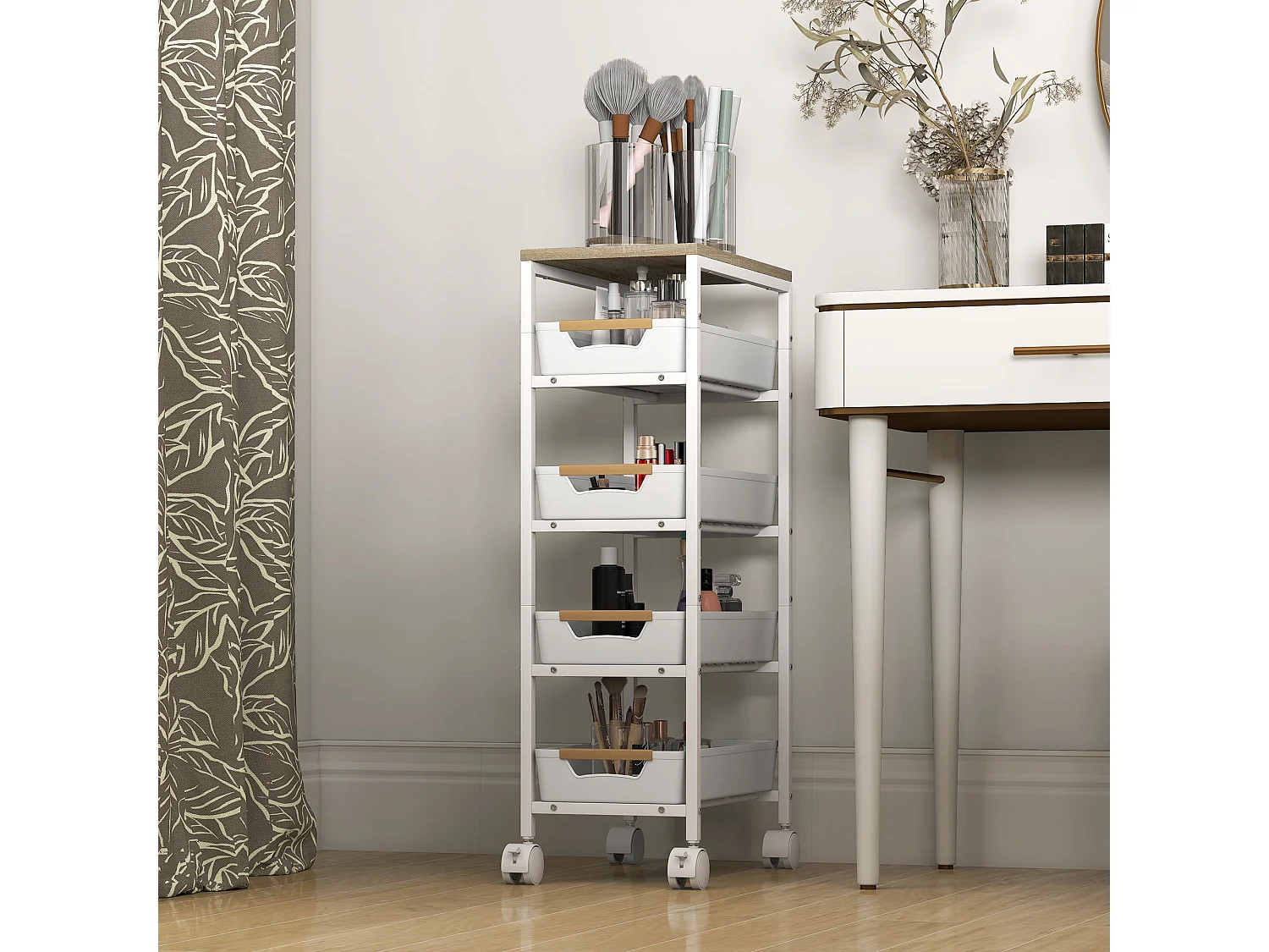 Slim 5 Tier White Metal Storage Trolley with Oak Effect Top and Wheels