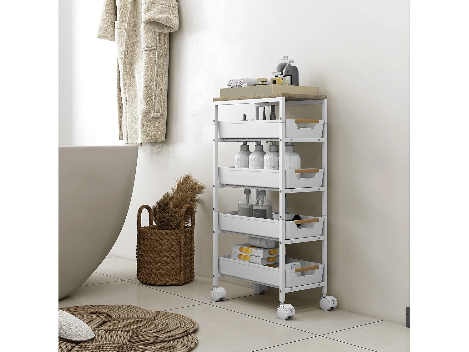 Slim 5 Tier White Metal Storage Trolley with Oak Effect Top and Wheels