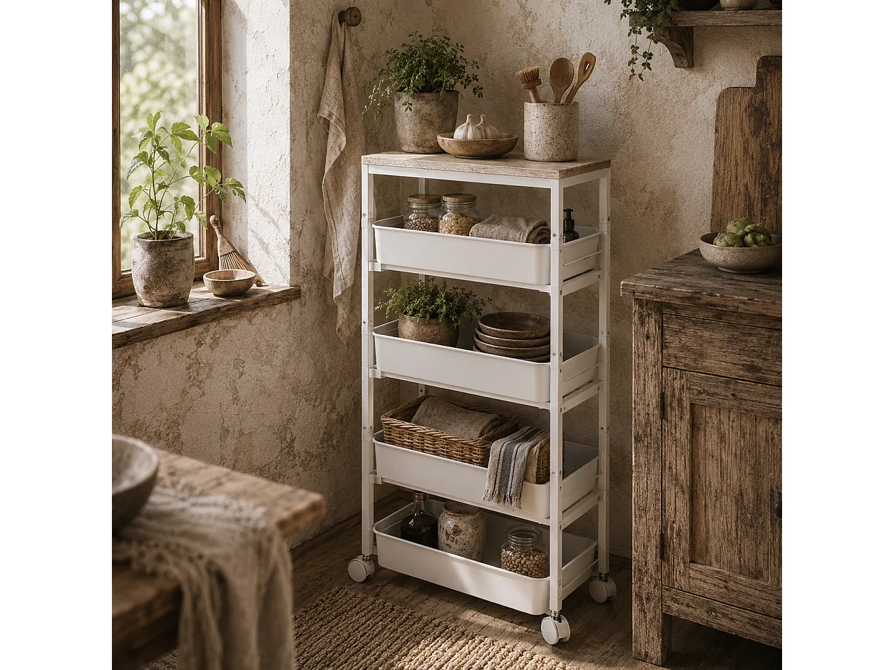 Slim 5 Tier White Metal Storage Trolley with Oak Effect Top and Wheels