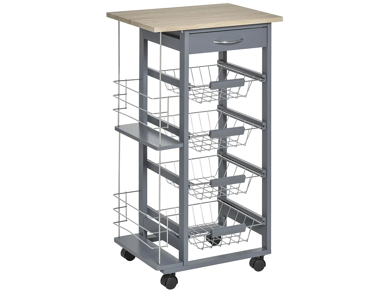 Nerake Grey Rolling Kitchen Cart 4 Metal Basket Drawers Side Racks 83 x 47 x 37cm