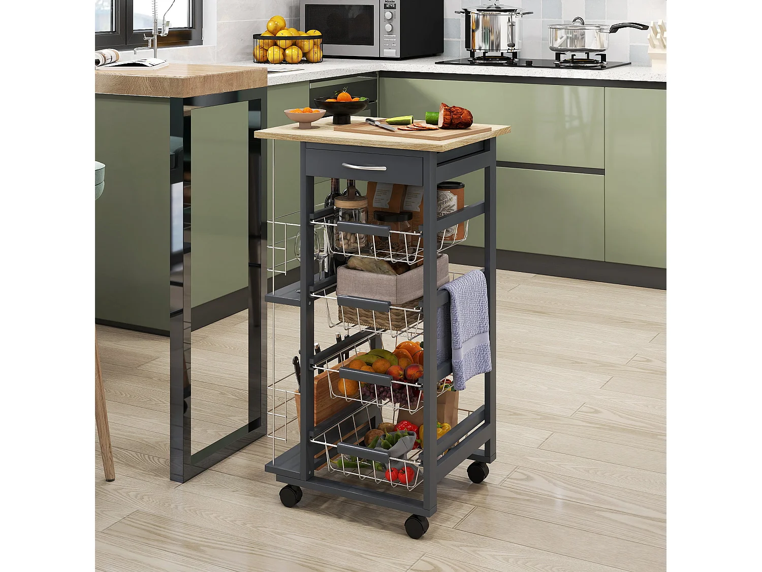 Nerake Grey Rolling Kitchen Cart 4 Metal Basket Drawers Side Racks 83 x 47 x 37cm