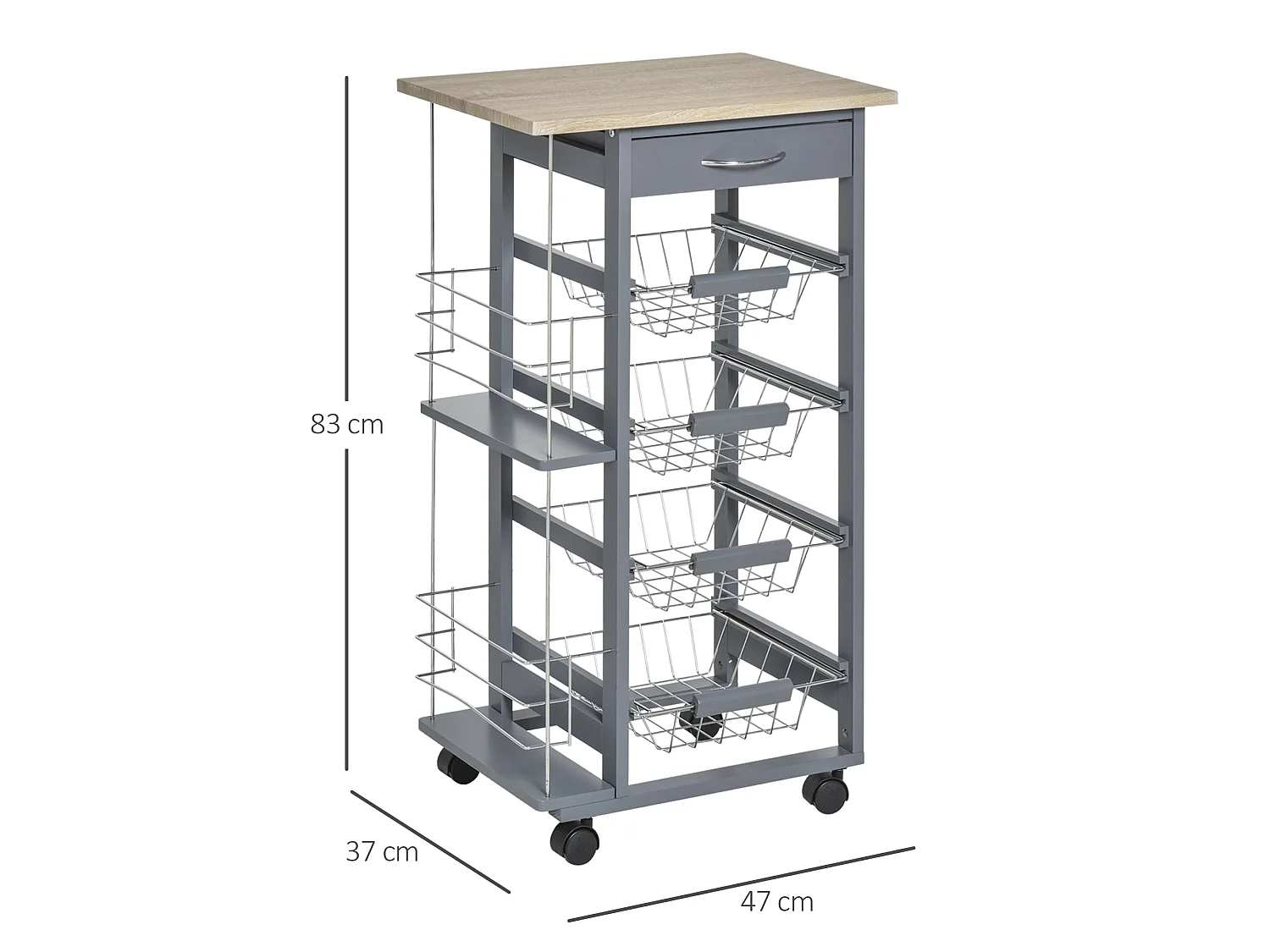 Nerake Grey Rolling Kitchen Cart 4 Metal Basket Drawers Side Racks 83 x 47 x 37cm