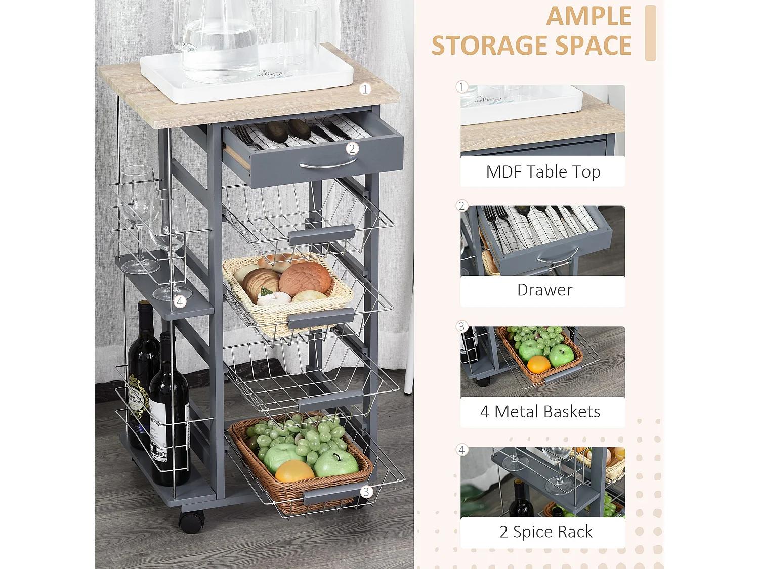 Nerake Grey Rolling Kitchen Cart 4 Metal Basket Drawers Side Racks 83 x 47 x 37cm