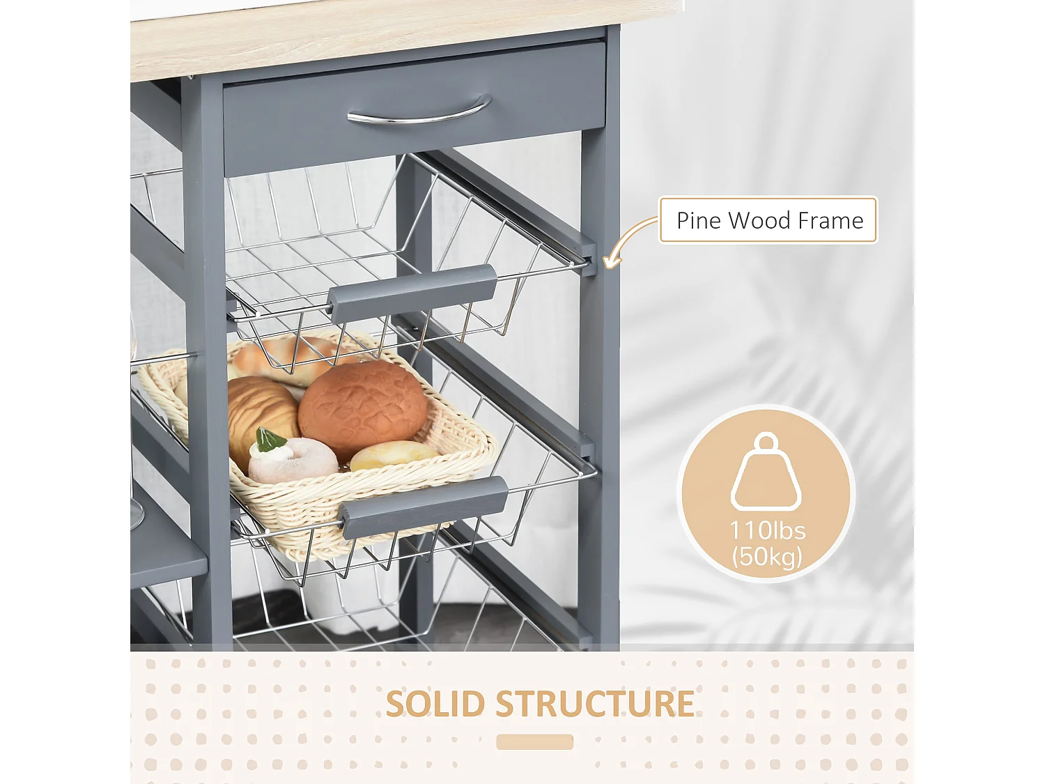 Nerake Grey Rolling Kitchen Cart 4 Metal Basket Drawers Side Racks 83 x 47 x 37cm