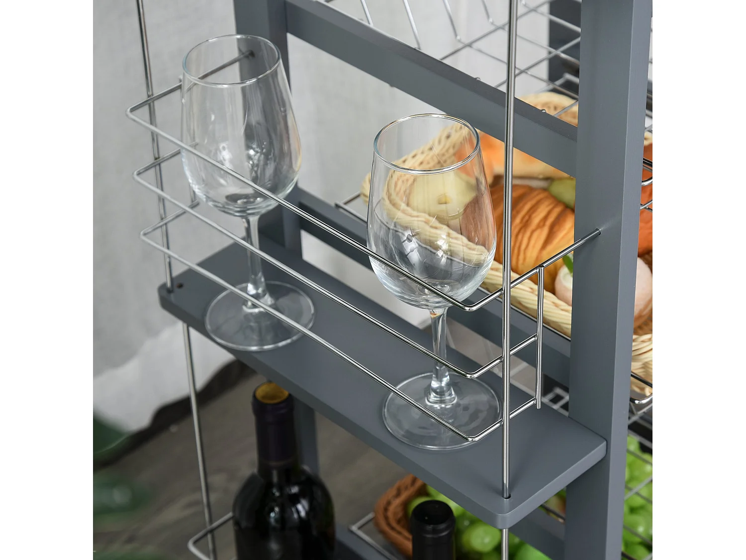 Nerake Grey Rolling Kitchen Cart 4 Metal Basket Drawers Side Racks 83 x 47 x 37cm