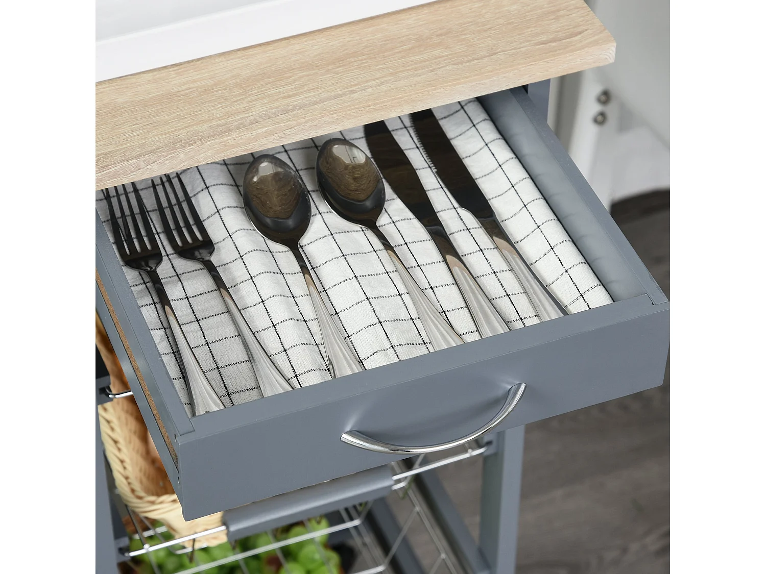 Nerake Grey Rolling Kitchen Cart 4 Metal Basket Drawers Side Racks 83 x 47 x 37cm