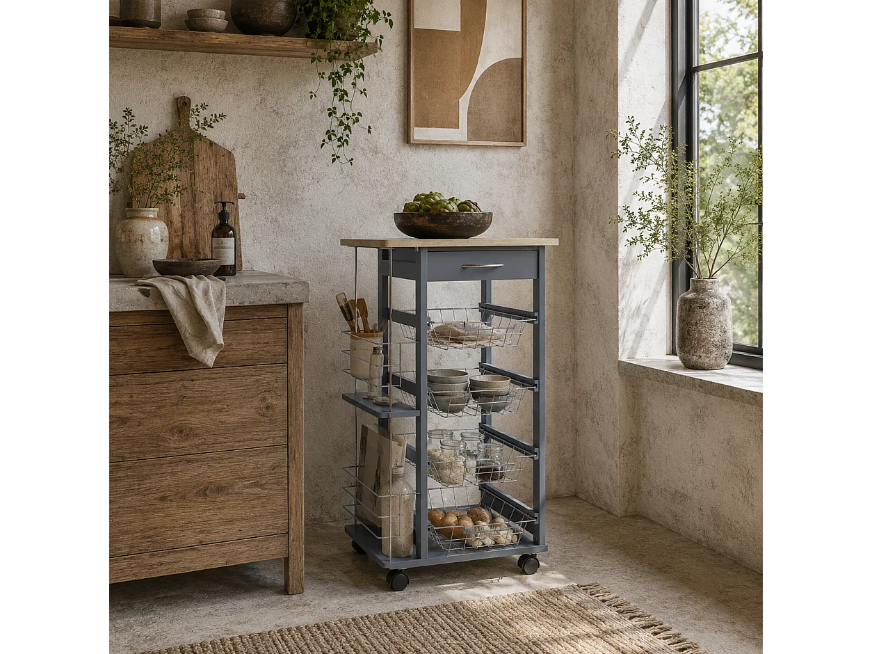 Nerake Grey Rolling Kitchen Cart 4 Metal Basket Drawers Side Racks 83 x 47 x 37cm