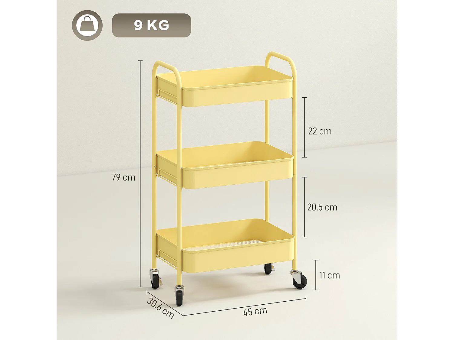 Firi 3 Tier Yellow Steel Storage Trolley with Wheels