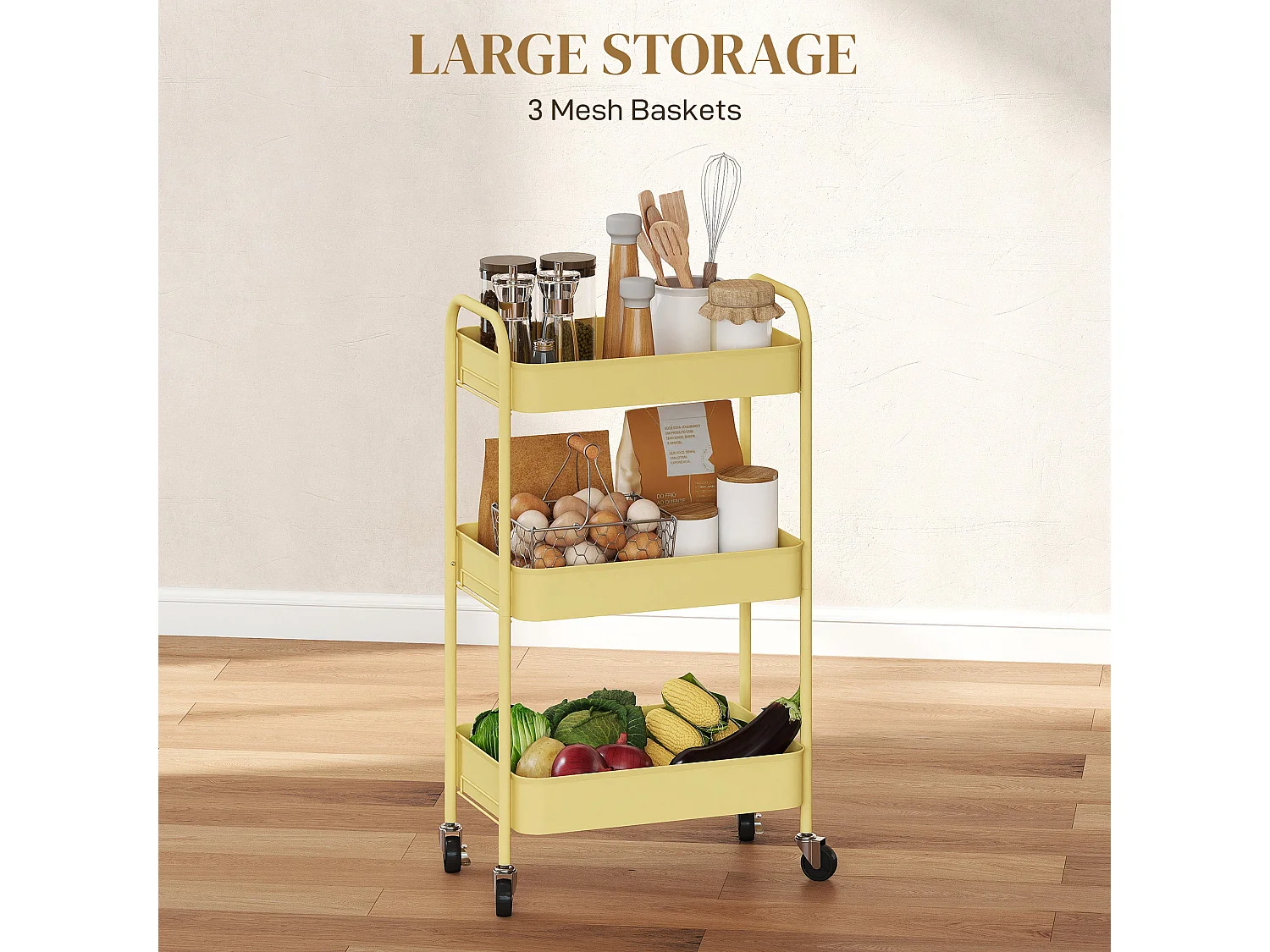 Firi 3 Tier Yellow Steel Storage Trolley with Wheels