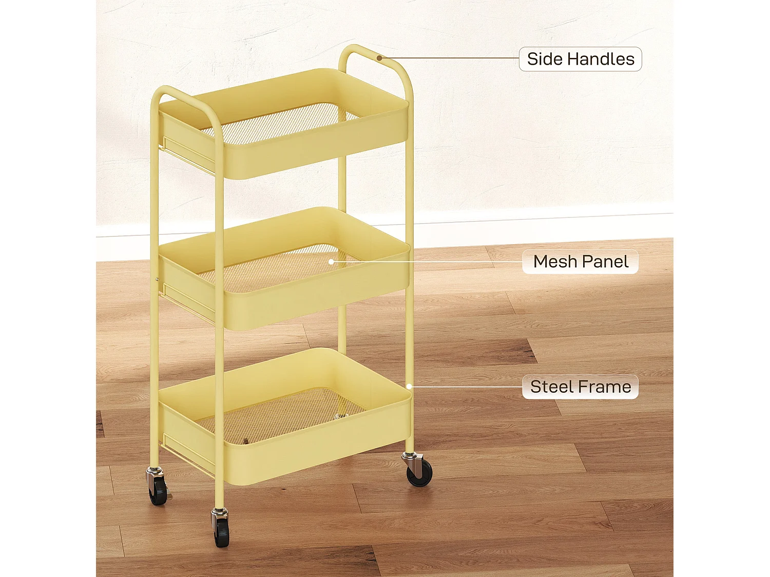 Firi 3 Tier Yellow Steel Storage Trolley with Wheels
