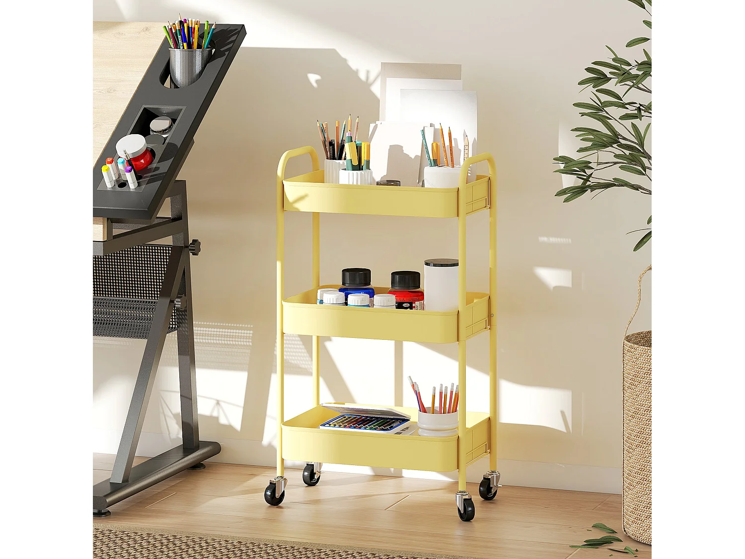 Firi 3 Tier Yellow Steel Storage Trolley with Wheels