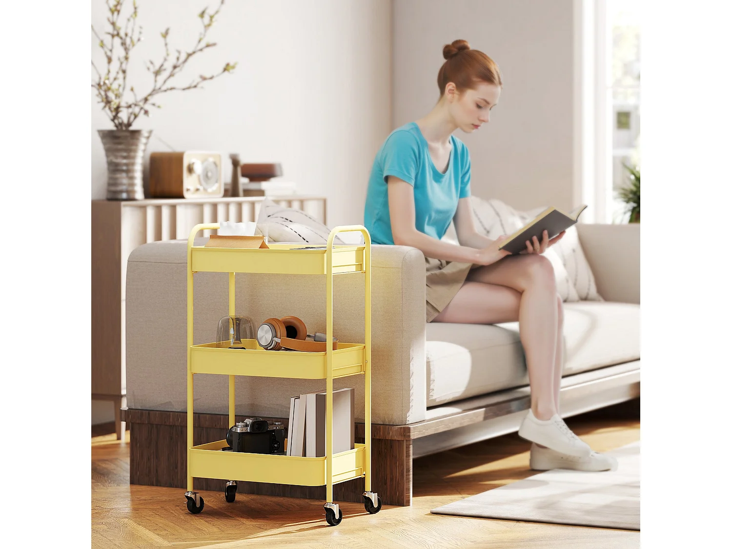 Firi 3 Tier Yellow Steel Storage Trolley with Wheels
