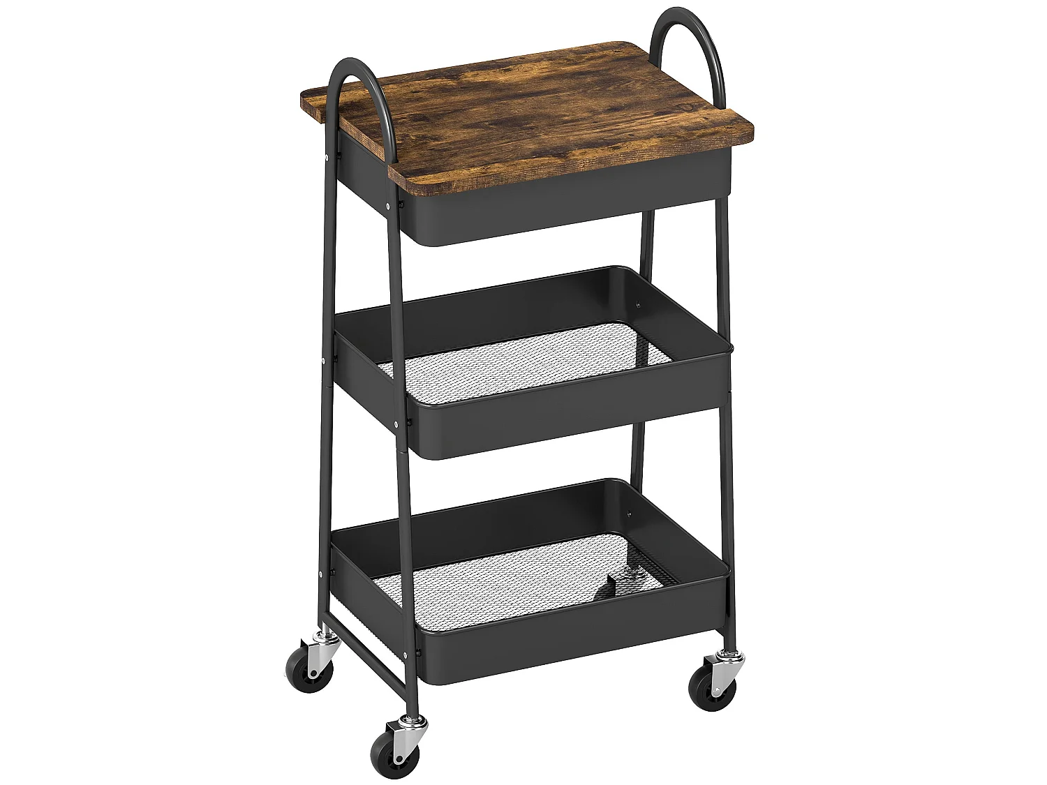 Rottola 3 Tier Rustic Brown and Black Kitchen Trolley with Covered Top