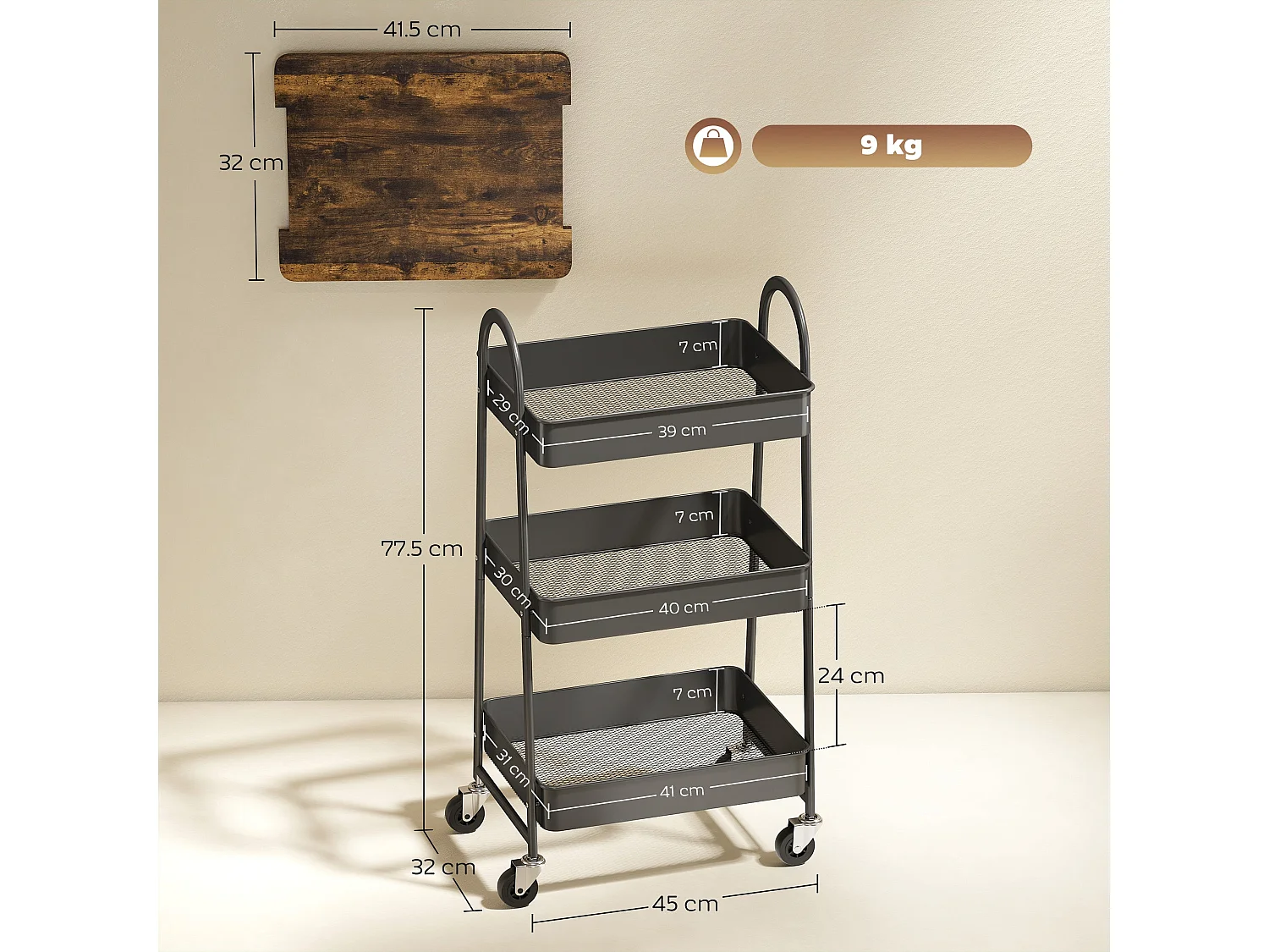 Rottola 3 Tier Rustic Brown and Black Kitchen Trolley with Covered Top