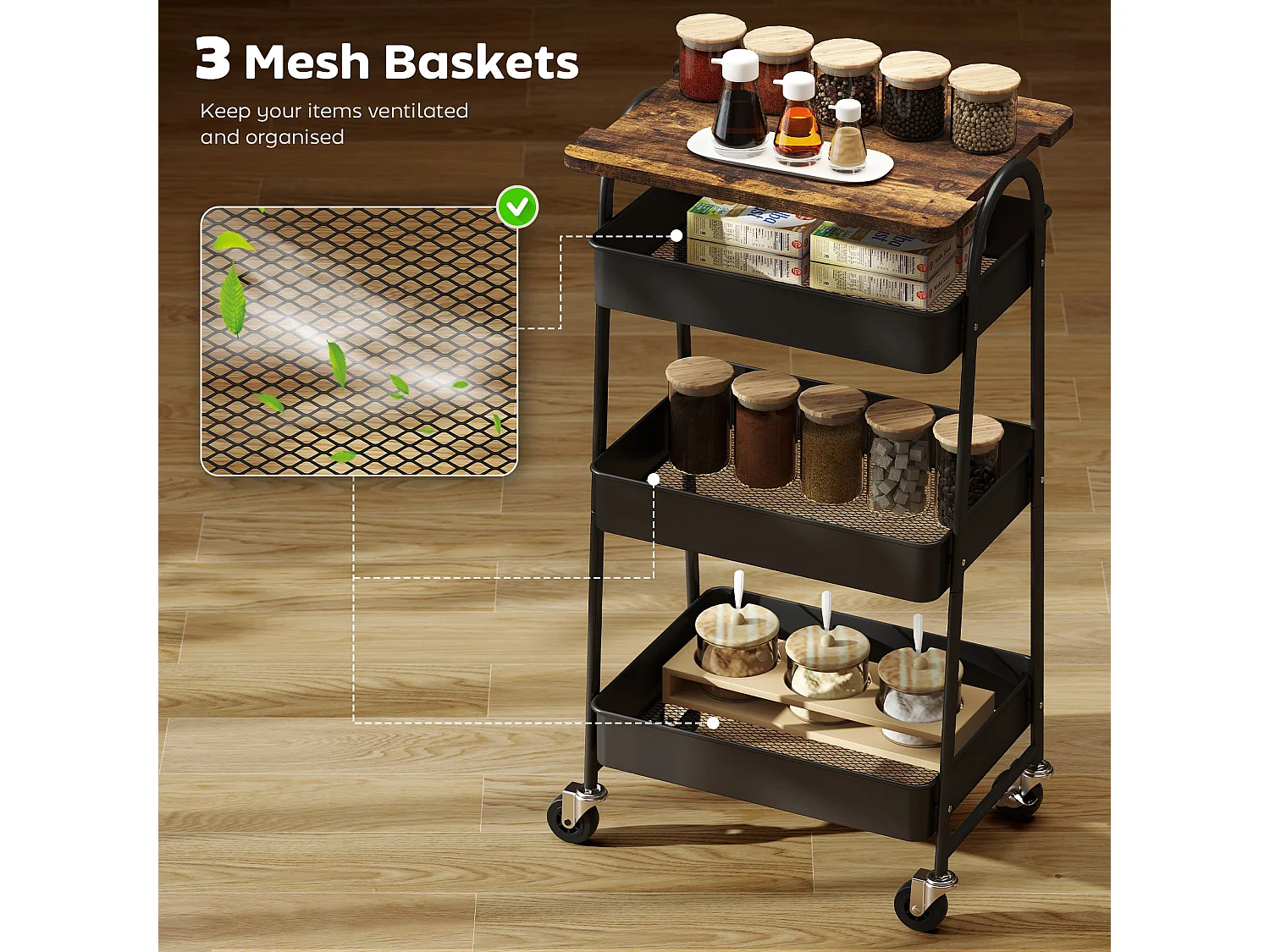 Rottola 3 Tier Rustic Brown and Black Kitchen Trolley with Covered Top