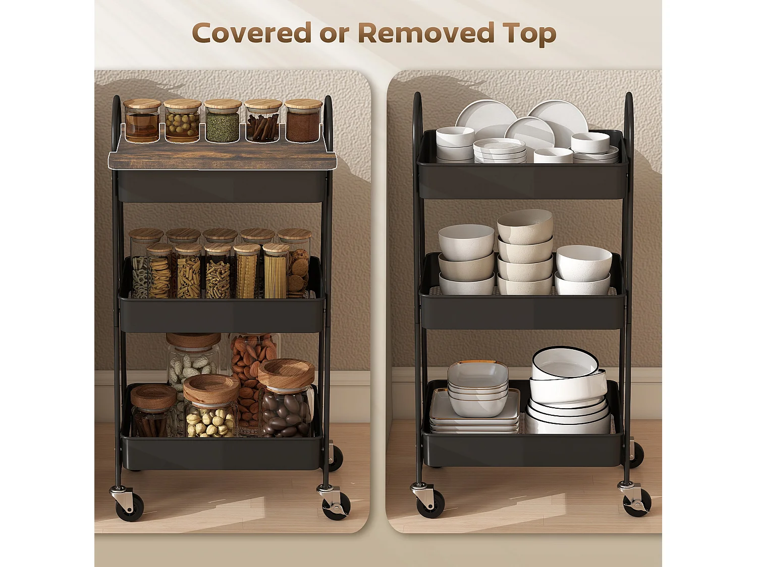Rottola 3 Tier Rustic Brown and Black Kitchen Trolley with Covered Top