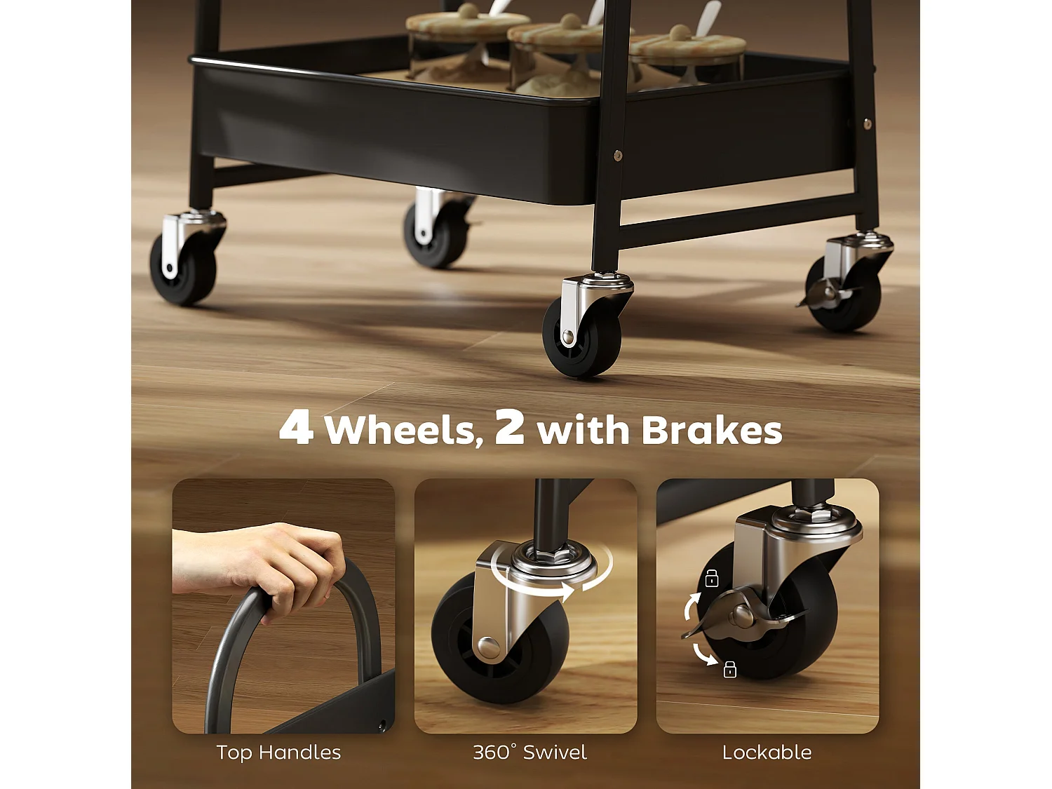 Rottola 3 Tier Rustic Brown and Black Kitchen Trolley with Covered Top