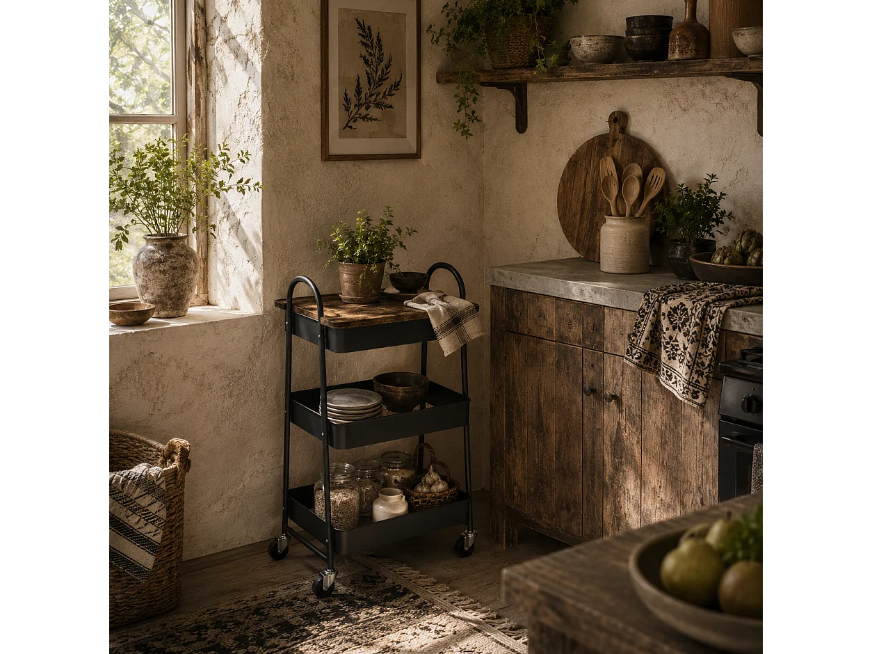 Rottola 3 Tier Rustic Brown and Black Kitchen Trolley with Covered Top