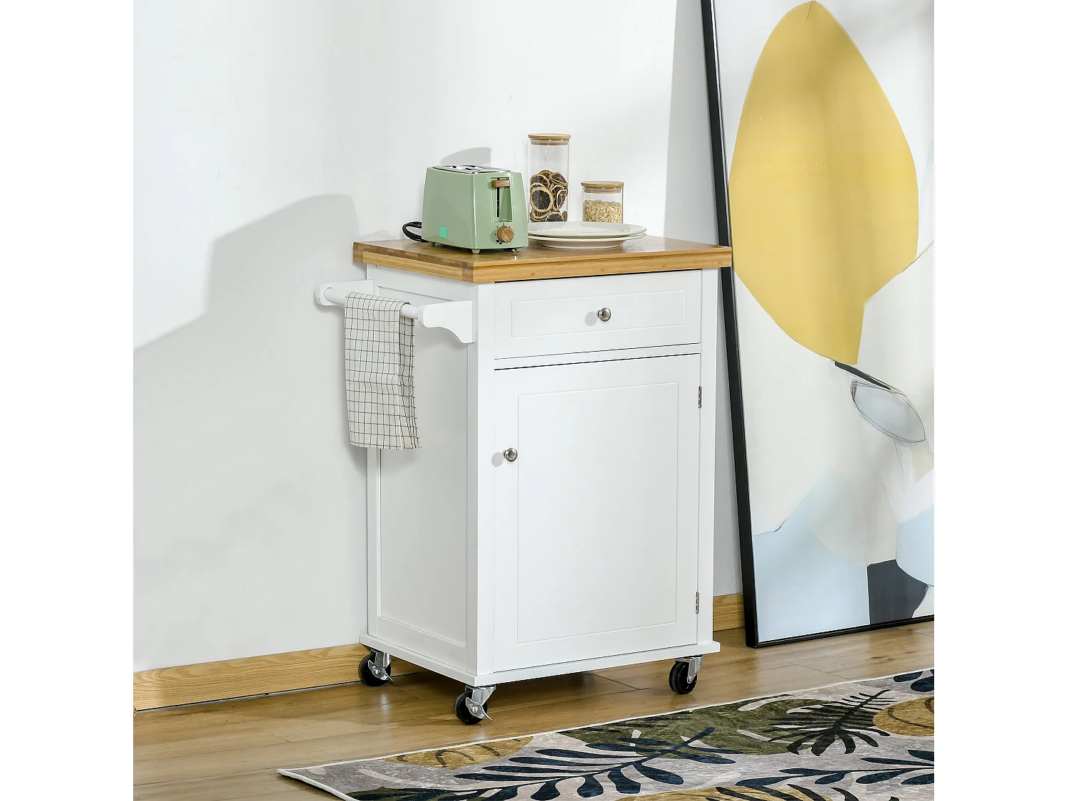 Sofi White Kitchen Trolley Bamboo Style Top Drawer Cabinet Towel Rail