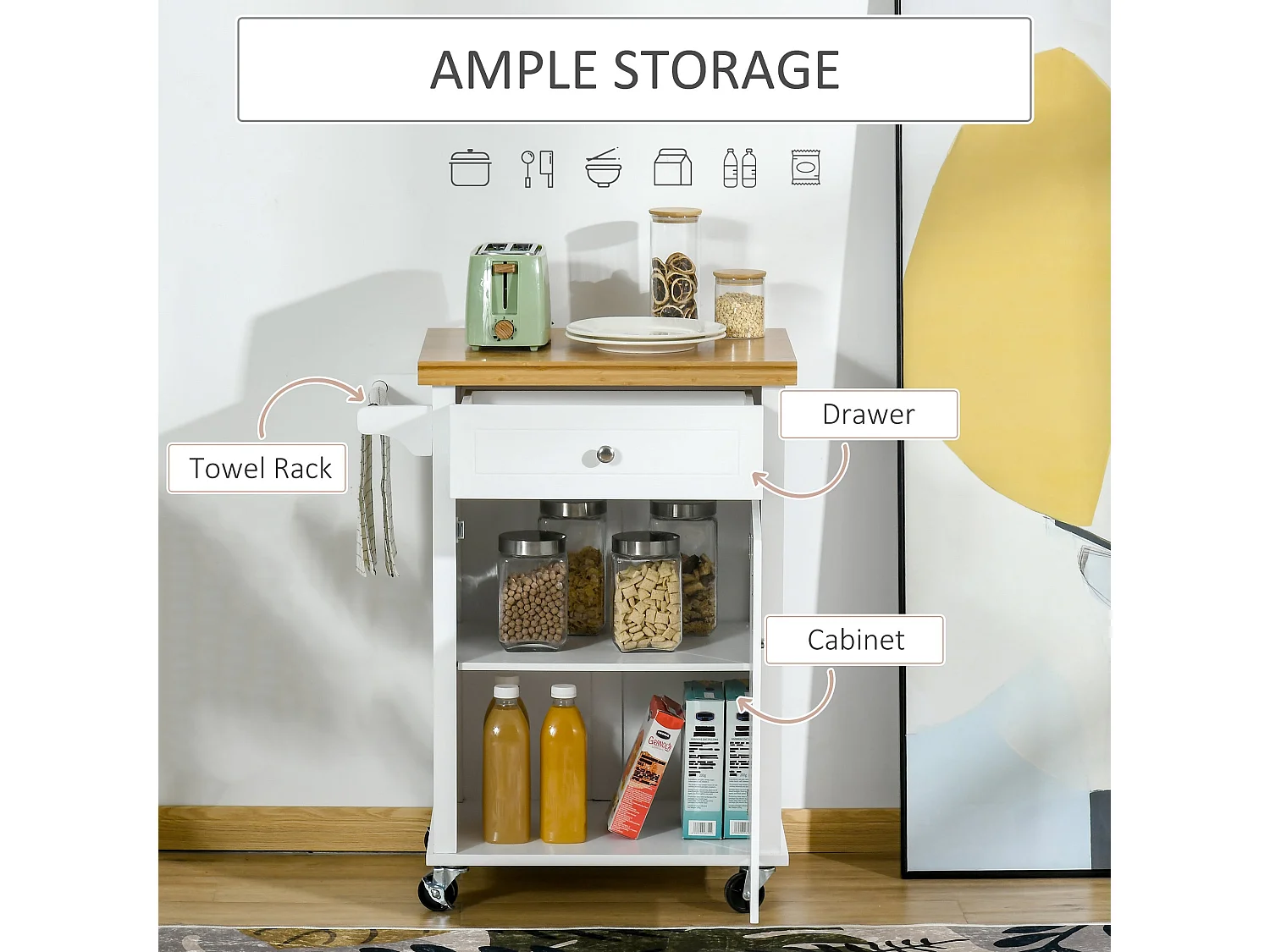 Sofi White Kitchen Trolley Bamboo Style Top Drawer Cabinet Towel Rail