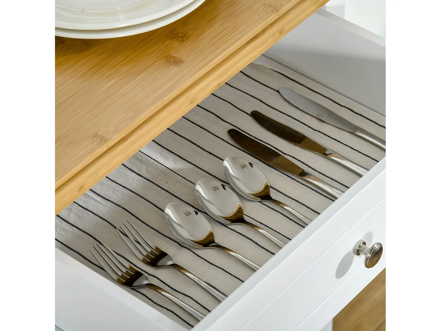 Sofi White Kitchen Trolley Bamboo Style Top Drawer Cabinet Towel Rail