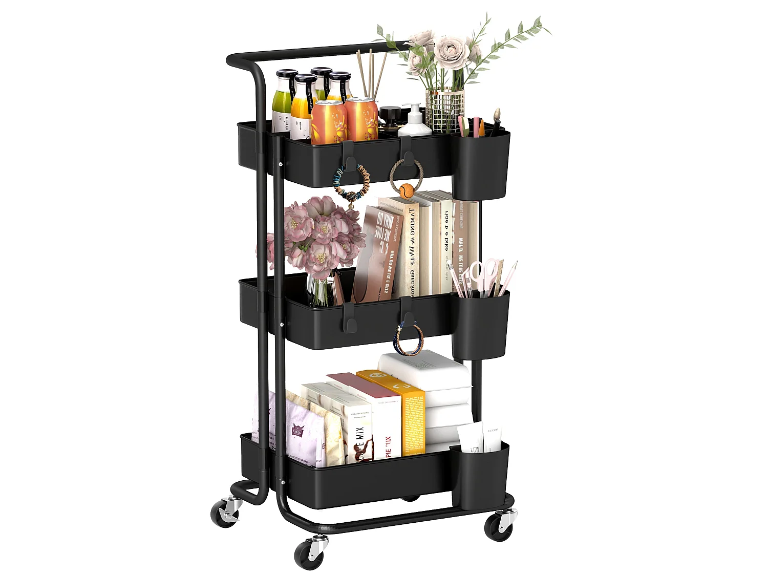 Nirelu Metal 3 Tier Black Home Trolley with Handle and Wheels