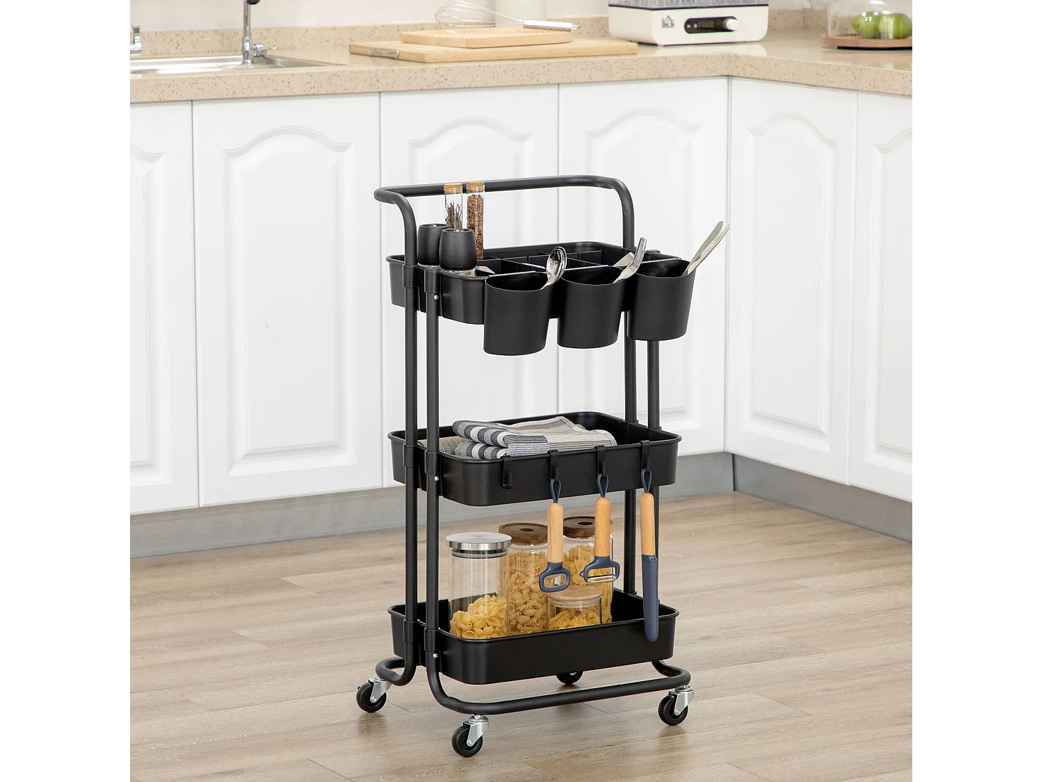 Nirelu Metal 3 Tier Black Home Trolley with Handle and Wheels