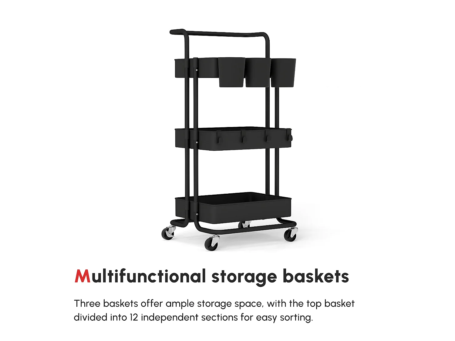 Nirelu Metal 3 Tier Black Home Trolley with Handle and Wheels