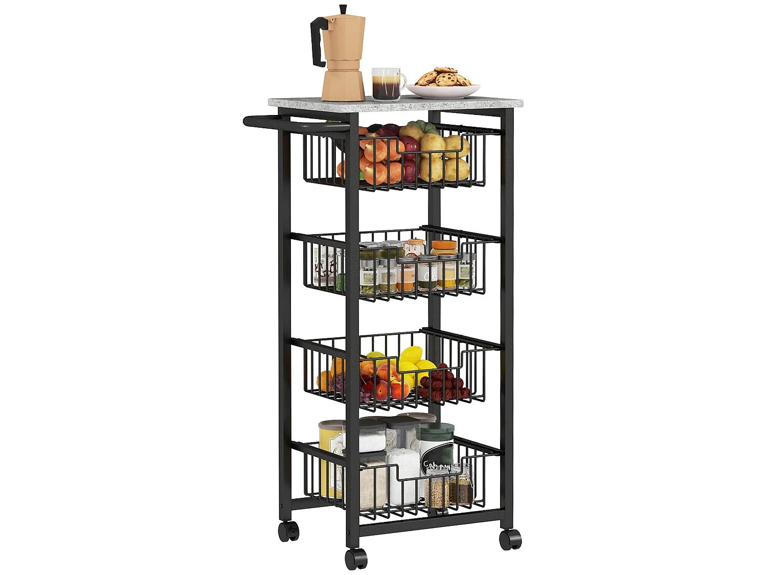 Fimado 4 Basket Mobile Kitchen Trolley Grey and Black with Locking Wheels