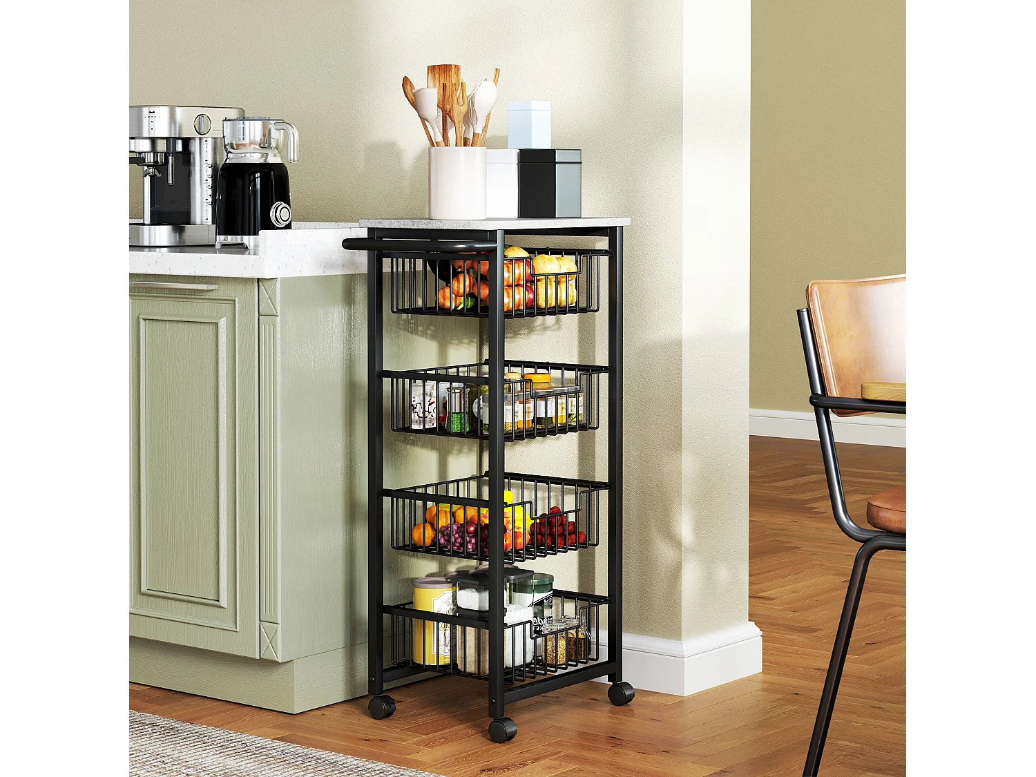 Fimado 4 Basket Mobile Kitchen Trolley Grey and Black with Locking Wheels