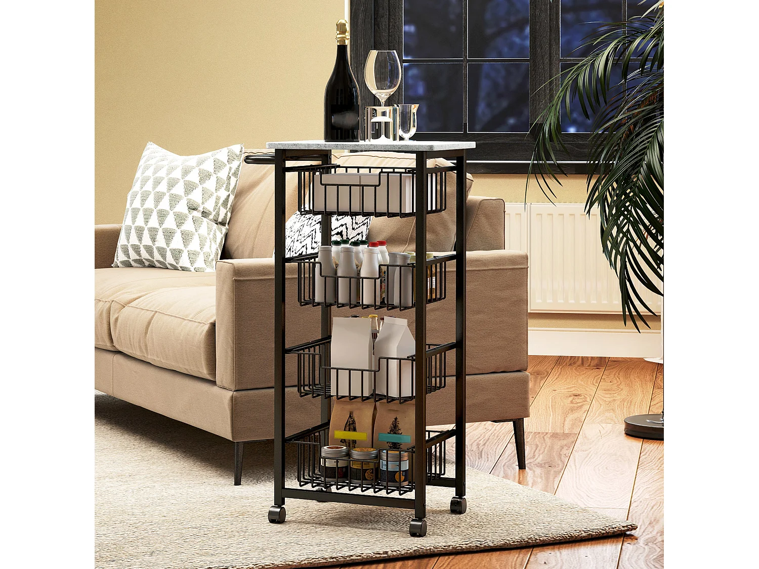 Fimado 4 Basket Mobile Kitchen Trolley Grey and Black with Locking Wheels