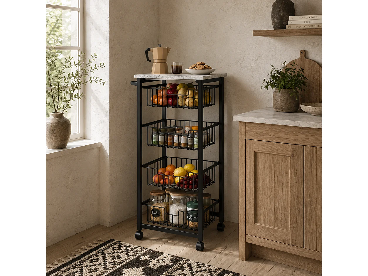 Fimado 4 Basket Mobile Kitchen Trolley Grey and Black with Locking Wheels