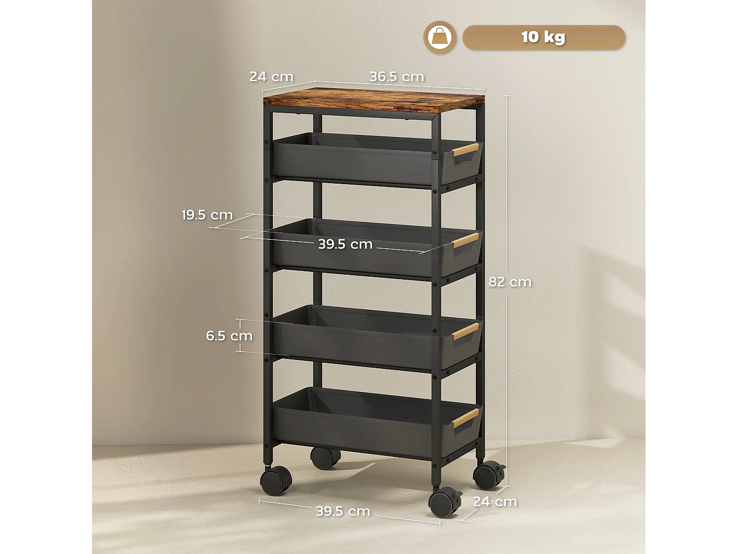 Coli Metal Black 5 Tier Slim Storage Trolley on Wheels