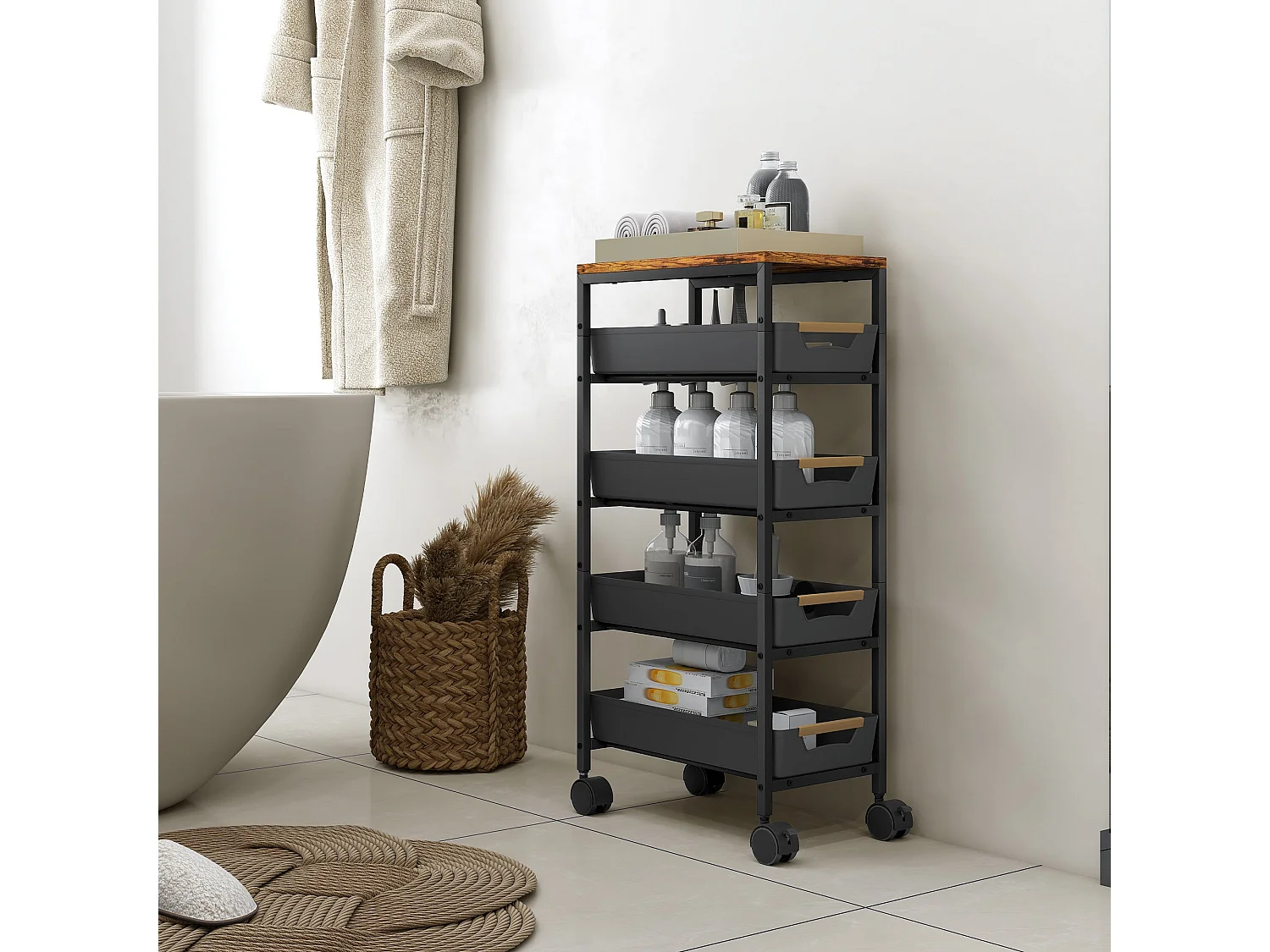 Coli Metal Black 5 Tier Slim Storage Trolley on Wheels