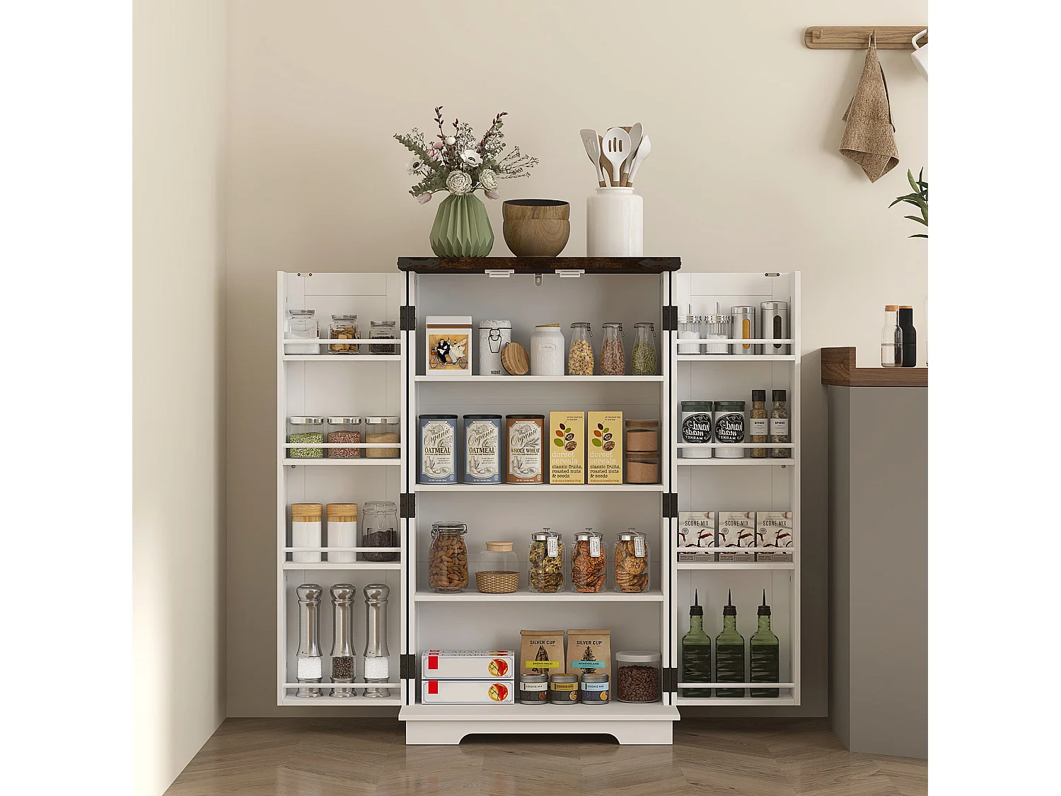 Roka White Farmhouse Kitchen Storage Cabinet 2 Door Multi Shelf Pantry 60 x 30 x 104cm