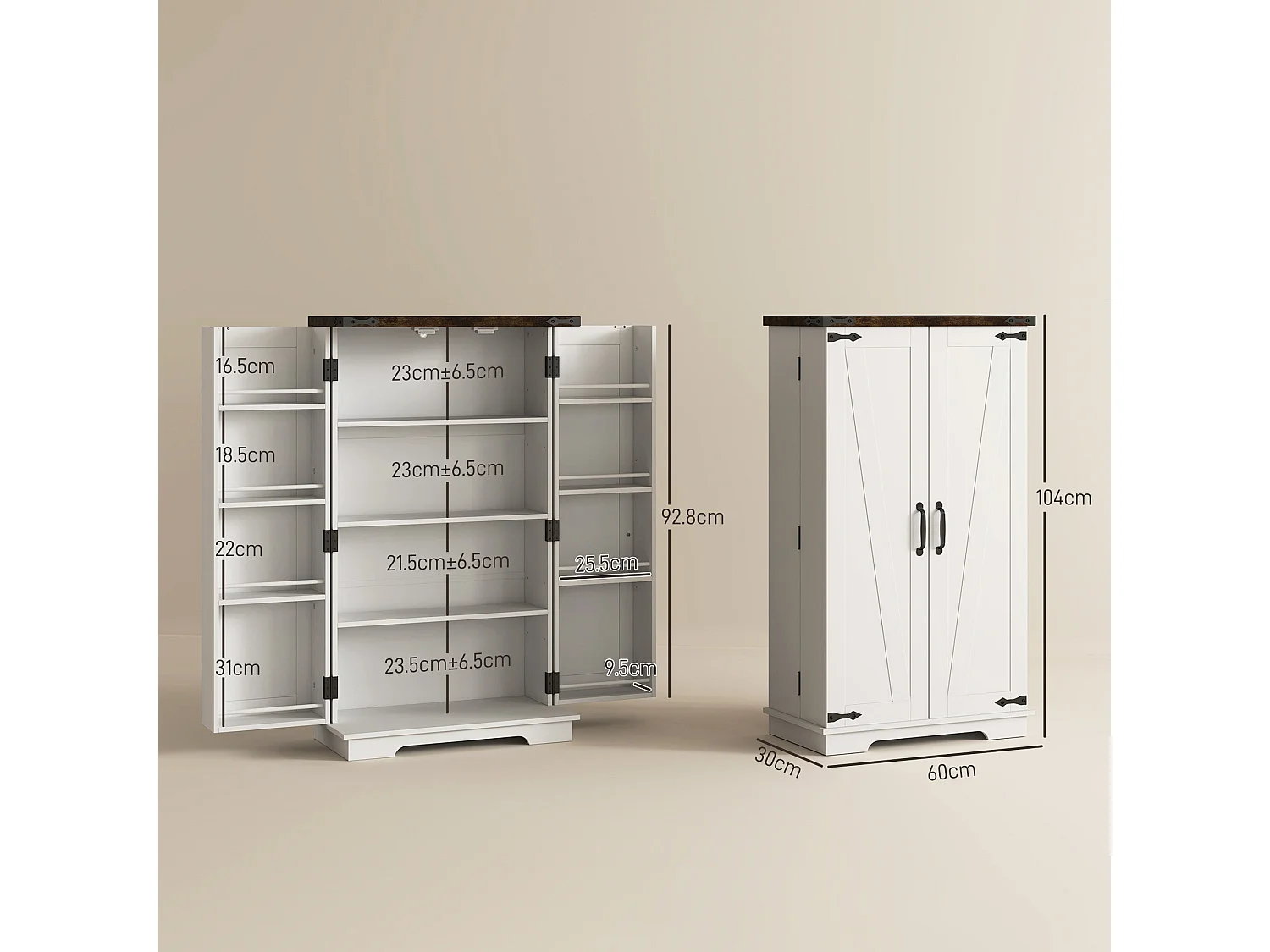 Roka White Farmhouse Kitchen Storage Cabinet 2 Door Multi Shelf Pantry 60 x 30 x 104cm