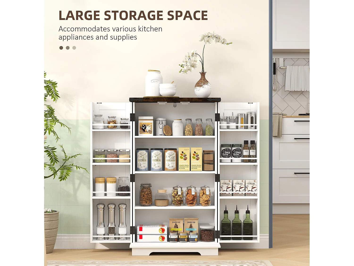 Roka White Farmhouse Kitchen Storage Cabinet 2 Door Multi Shelf Pantry 60 x 30 x 104cm