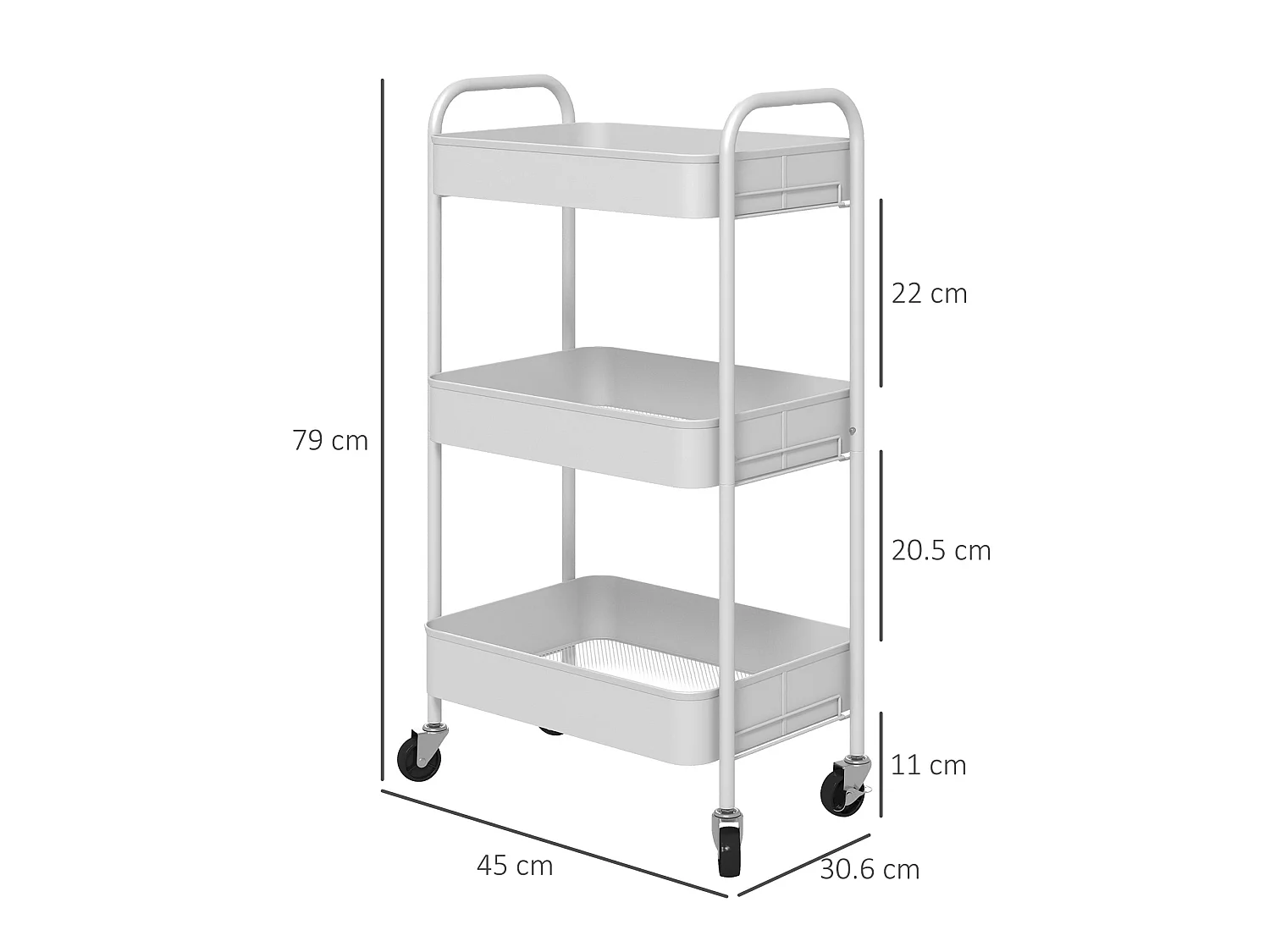 Suka 3 Tier White Steel Storage Trolley Mobile Organiser