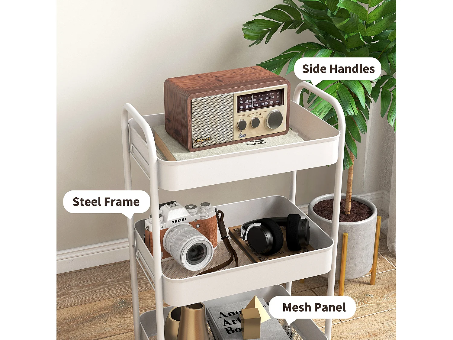 Suka 3 Tier White Steel Storage Trolley Mobile Organiser