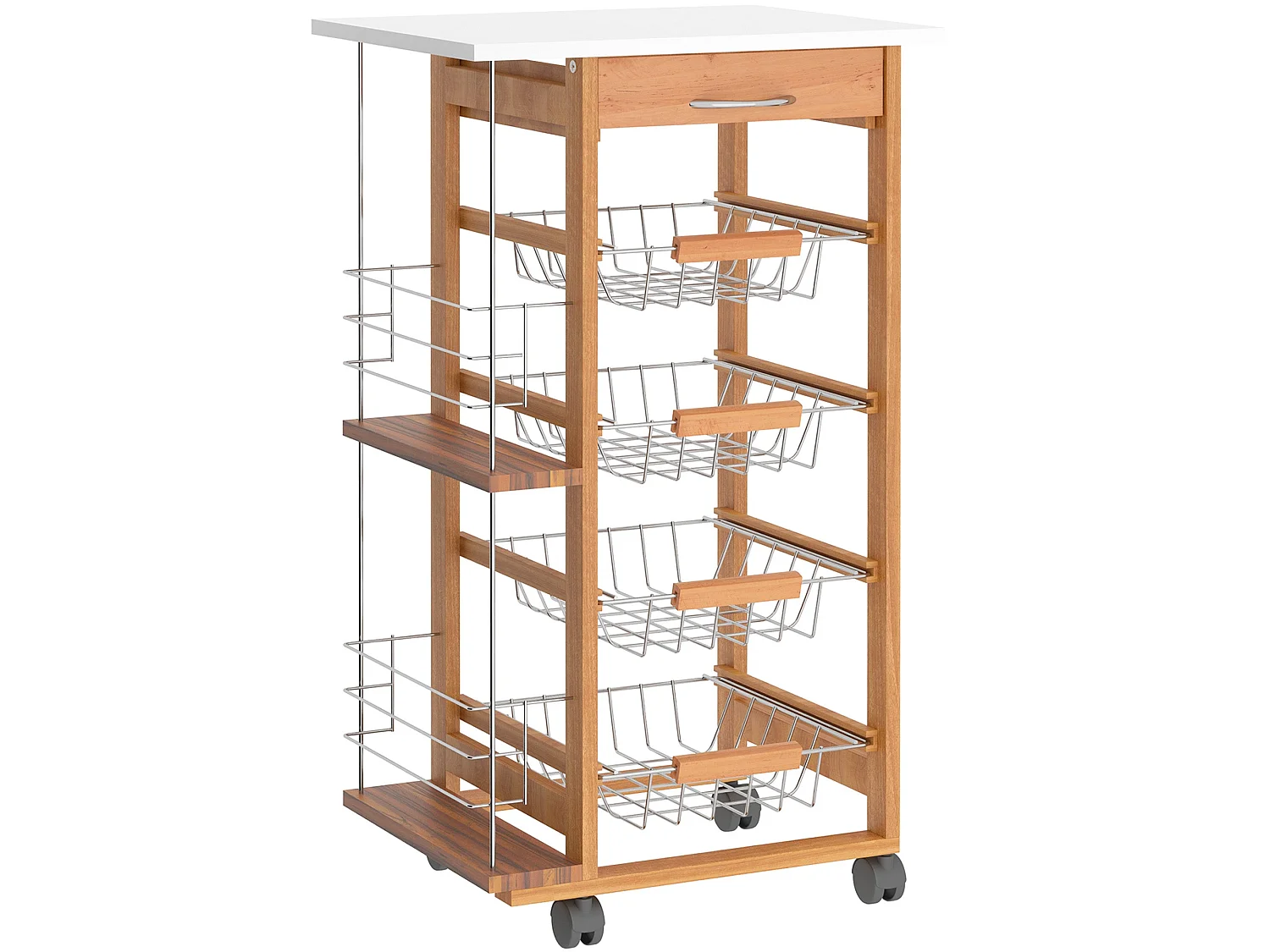 Domo Natural Wood Rolling Kitchen Cart 4 Removable Metal Basket Drawers Side Racks Wheels