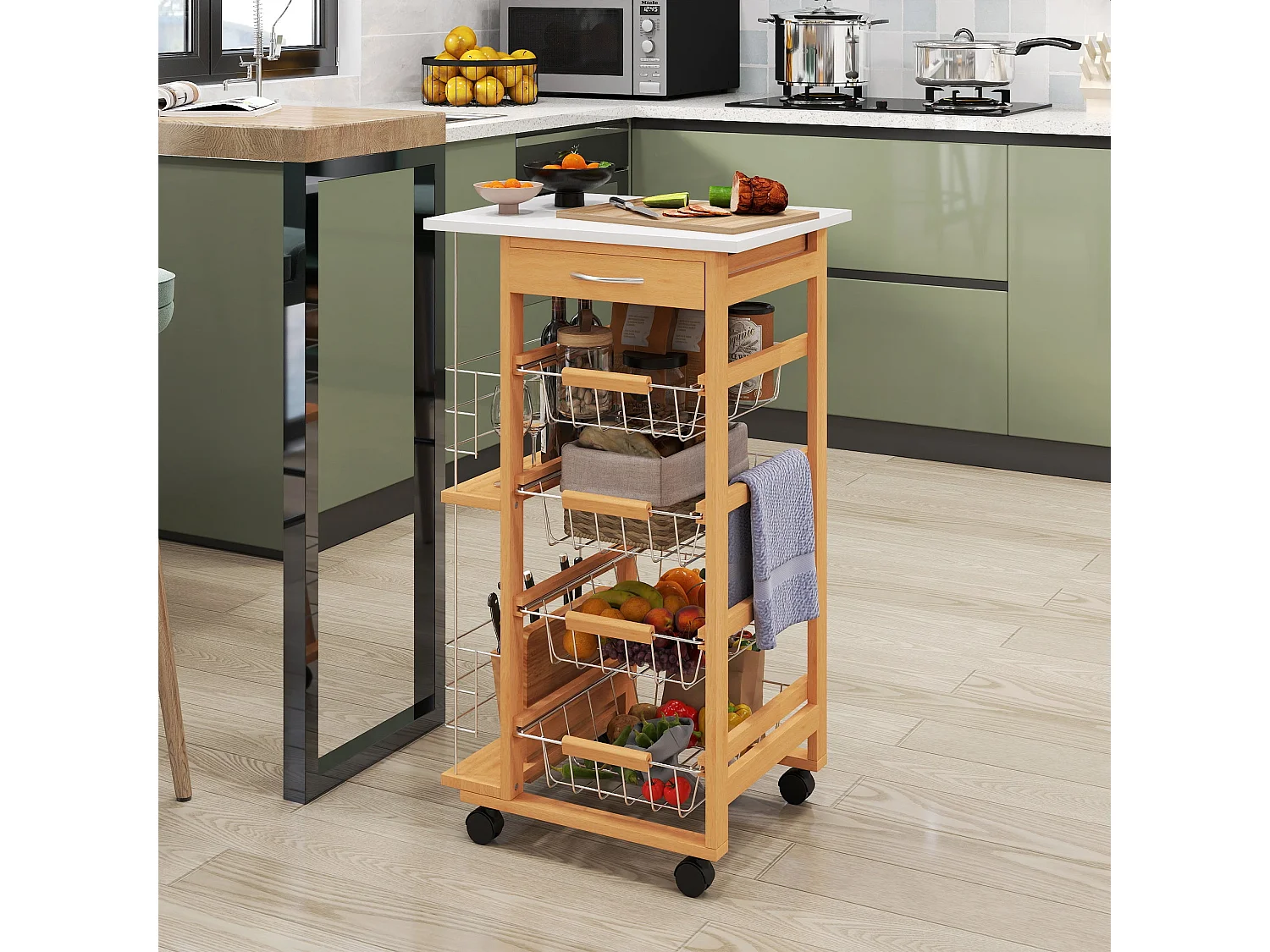Domo Natural Wood Rolling Kitchen Cart 4 Removable Metal Basket Drawers Side Racks Wheels