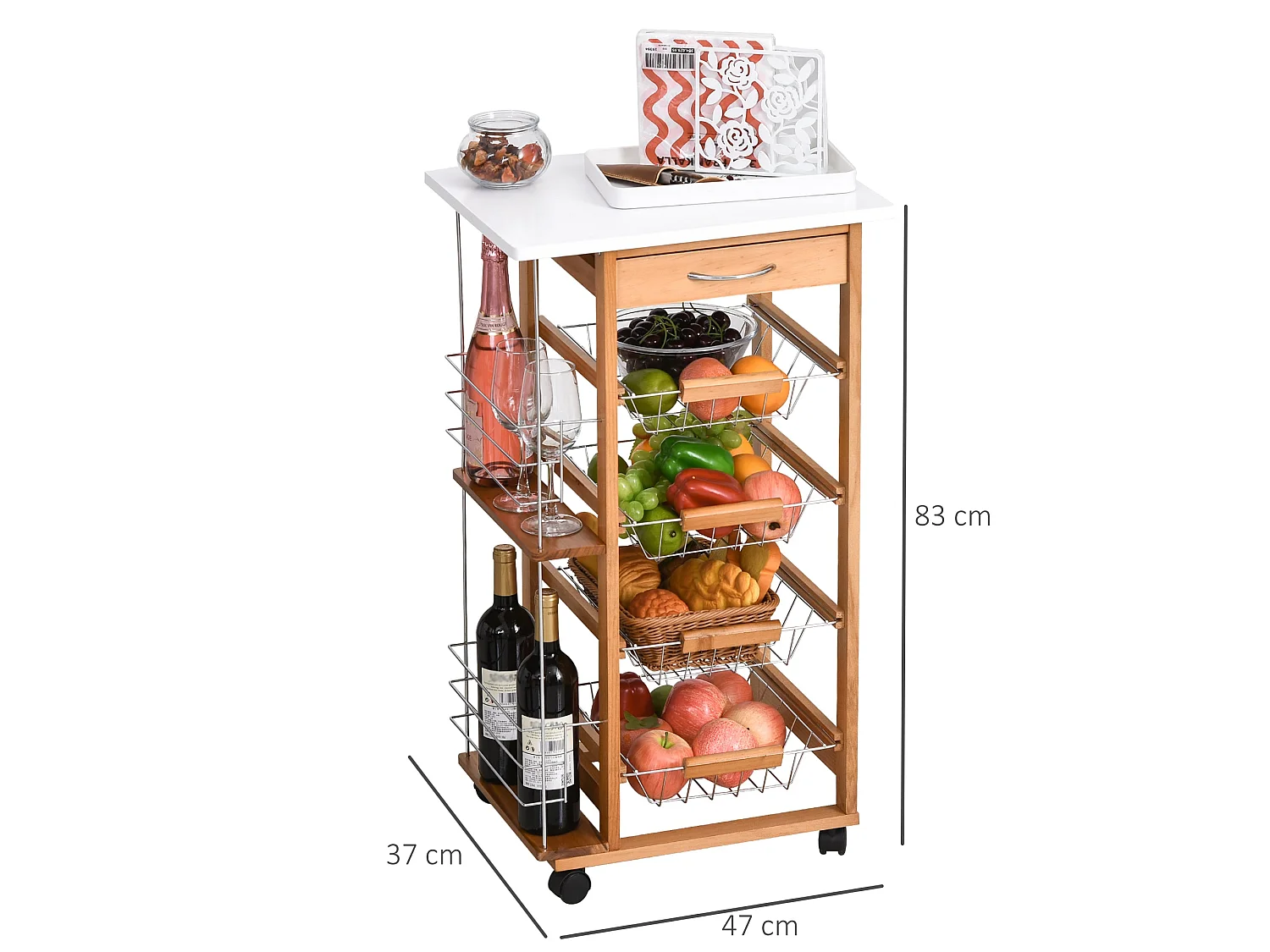 Domo Natural Wood Rolling Kitchen Cart 4 Removable Metal Basket Drawers Side Racks Wheels