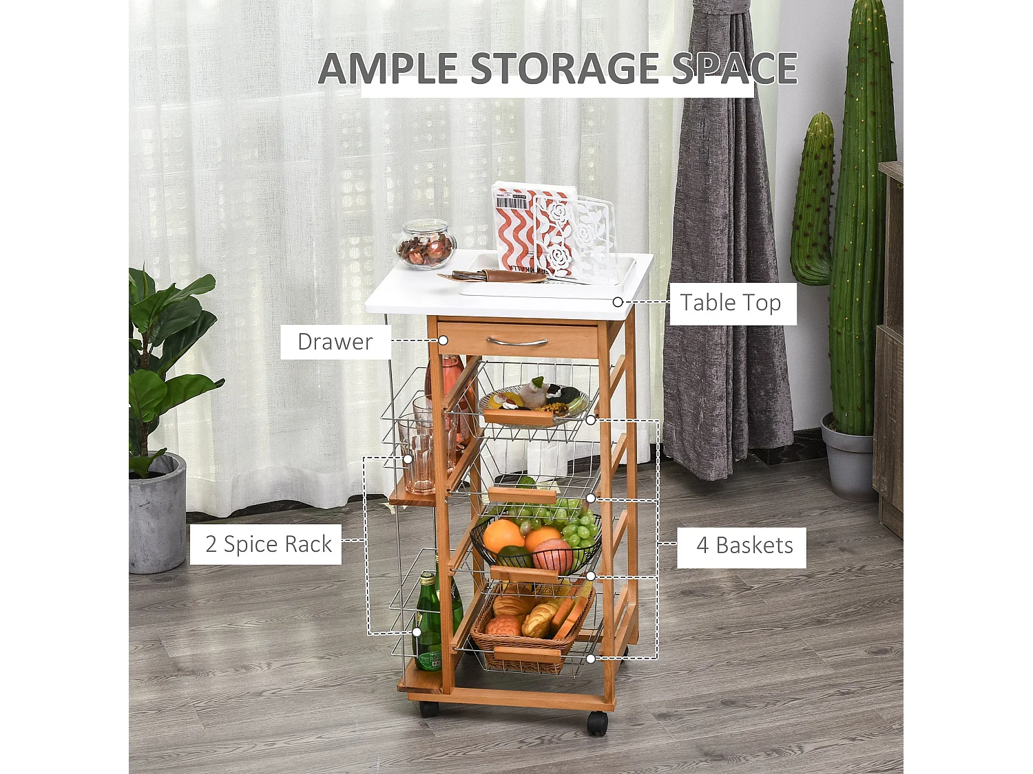 Domo Natural Wood Rolling Kitchen Cart 4 Removable Metal Basket Drawers Side Racks Wheels