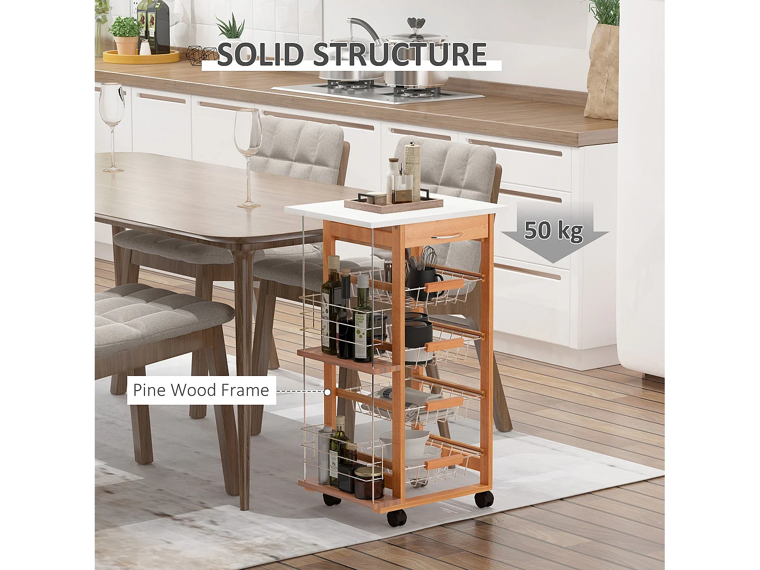 Domo Natural Wood Rolling Kitchen Cart 4 Removable Metal Basket Drawers Side Racks Wheels